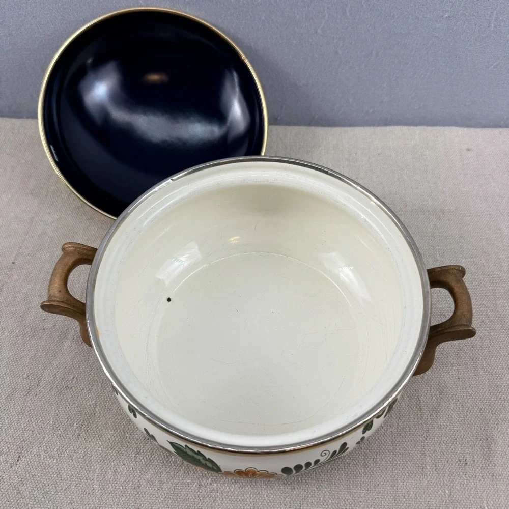 ASTA Enamelware‎ Floral Casserole Pot with Lid West Germany Brass Handles